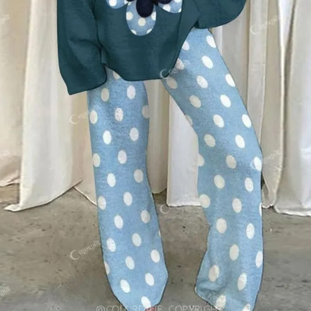 Retro Color Block Butterfly Polka Dot Loungewear Set For Women