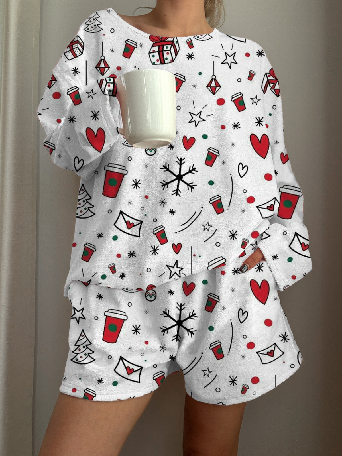 Christmas Coffee Mug Printed Long-Sleeved Shorts Loungewear Set