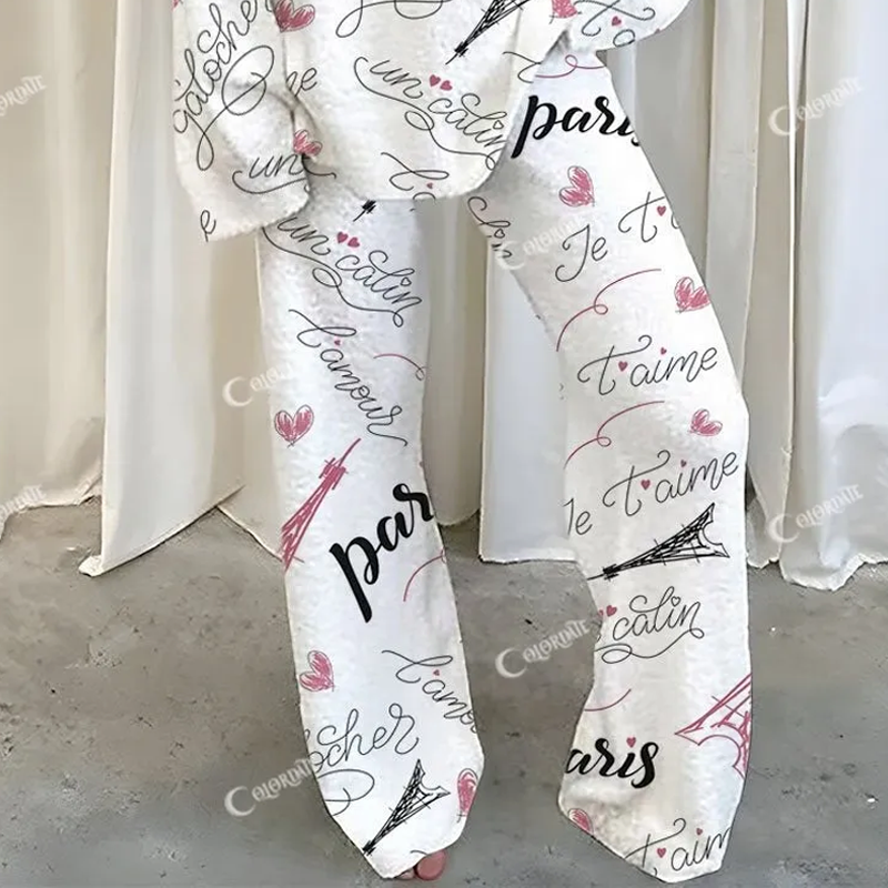 Women's Parisian Text Printed Fleece Suit