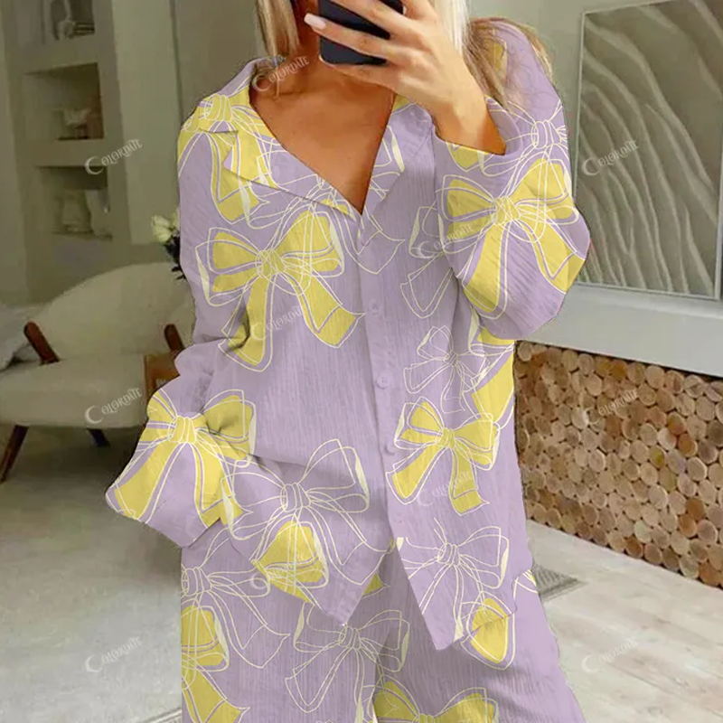Colordate Women's Yellow Line Bow Print Cotton Cardigan Homewear Set