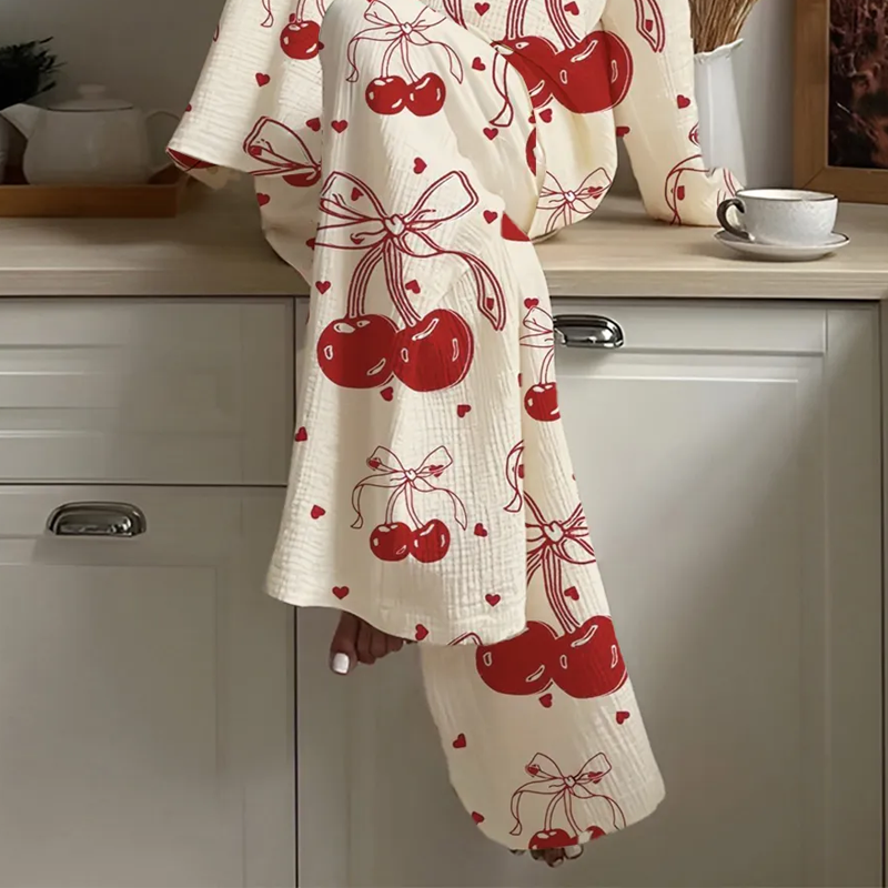 Women's Bow Cherry Heart Printed Casual Homewear Set