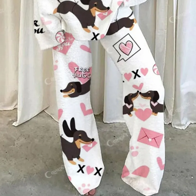 Women's Cartoon Dachshund Heart Printed Casual Homewear Set