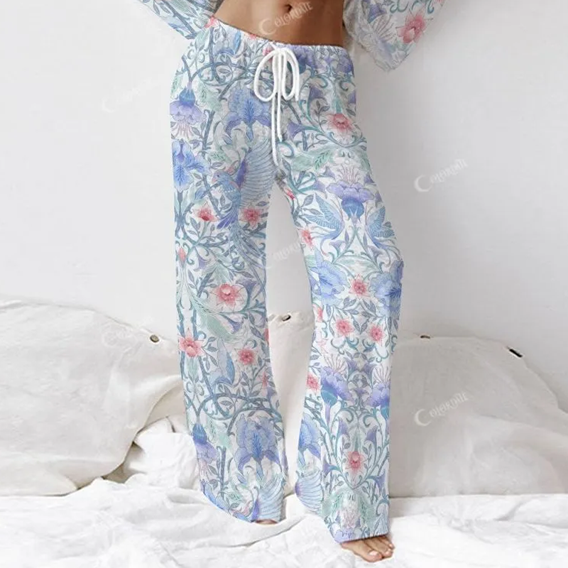 Colordate Women's Blue Flower And Bird Print Long Sleeve Cotton Homewear Set