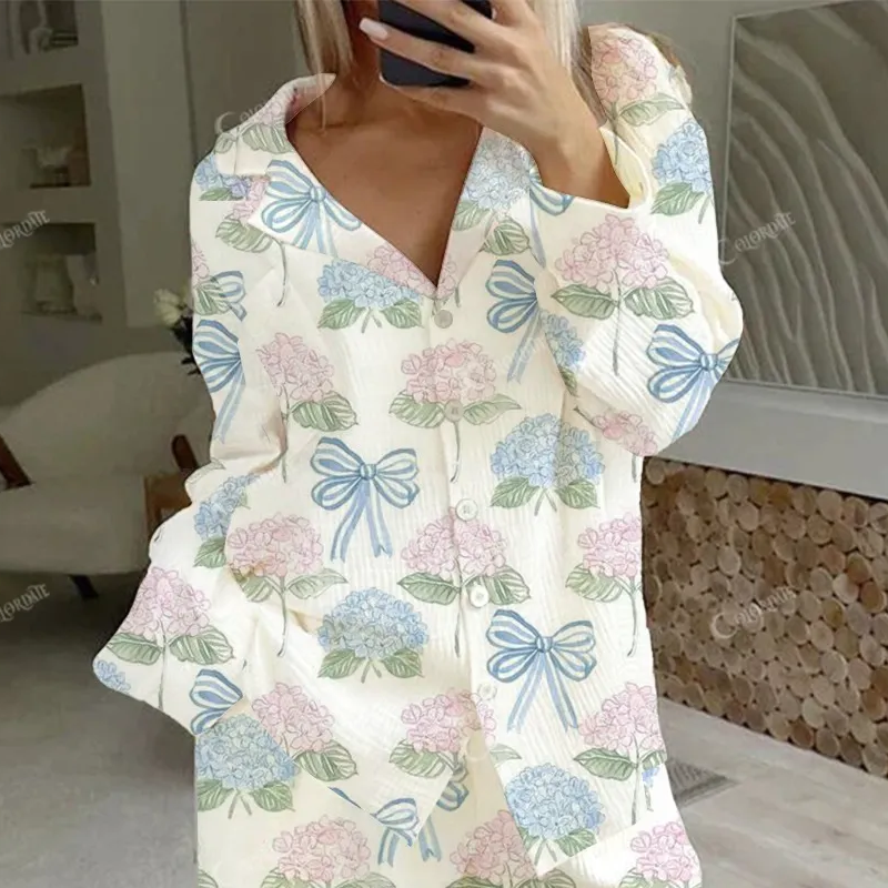 Women's Bow Flower Print Home Long Sleeve Suit