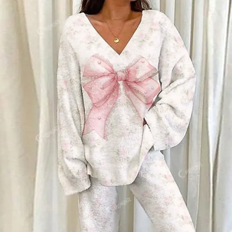 Pink Bow Lace Floral Loungewear Set For Women