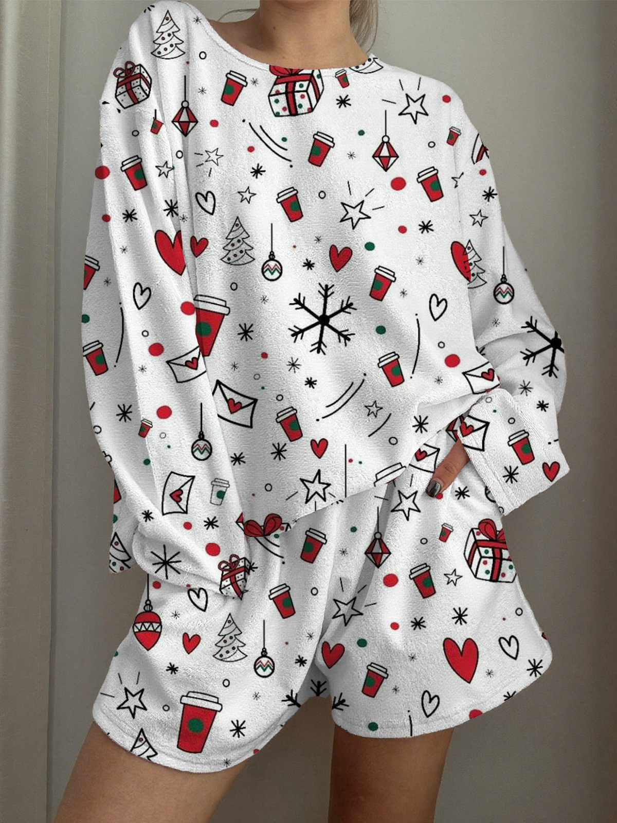 Christmas Coffee Mug Printed Long-Sleeved Shorts Loungewear Set