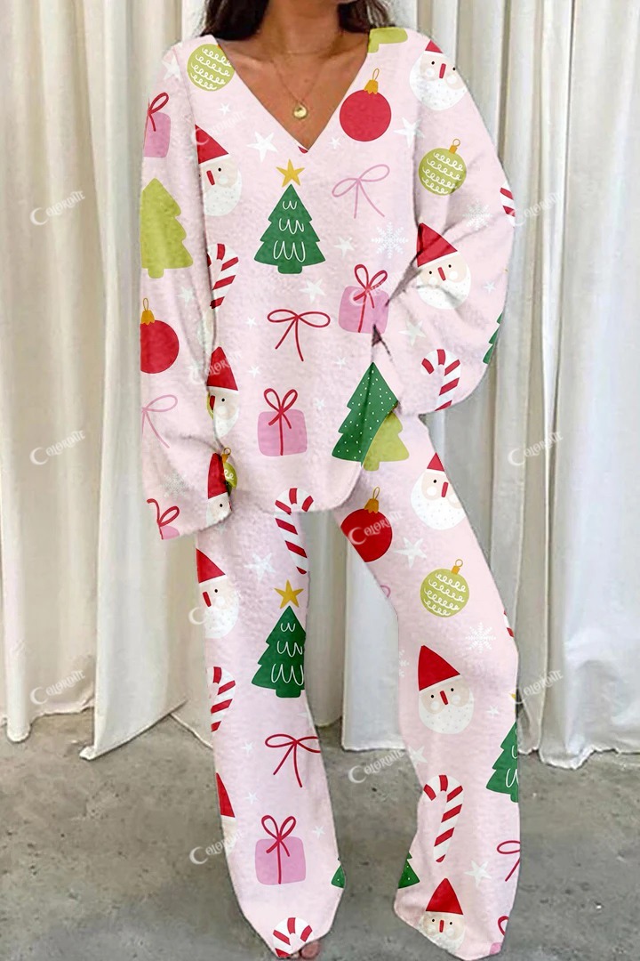Women's Pink Christmas Print Home V Neck Long Sleeve Suit
