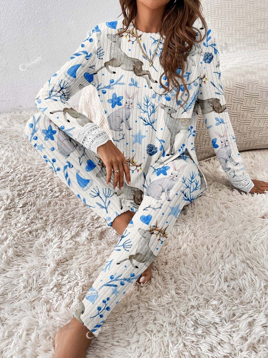 Women's Christmas Elk Floral Watercolor Print Linen Cotton Homewear Set