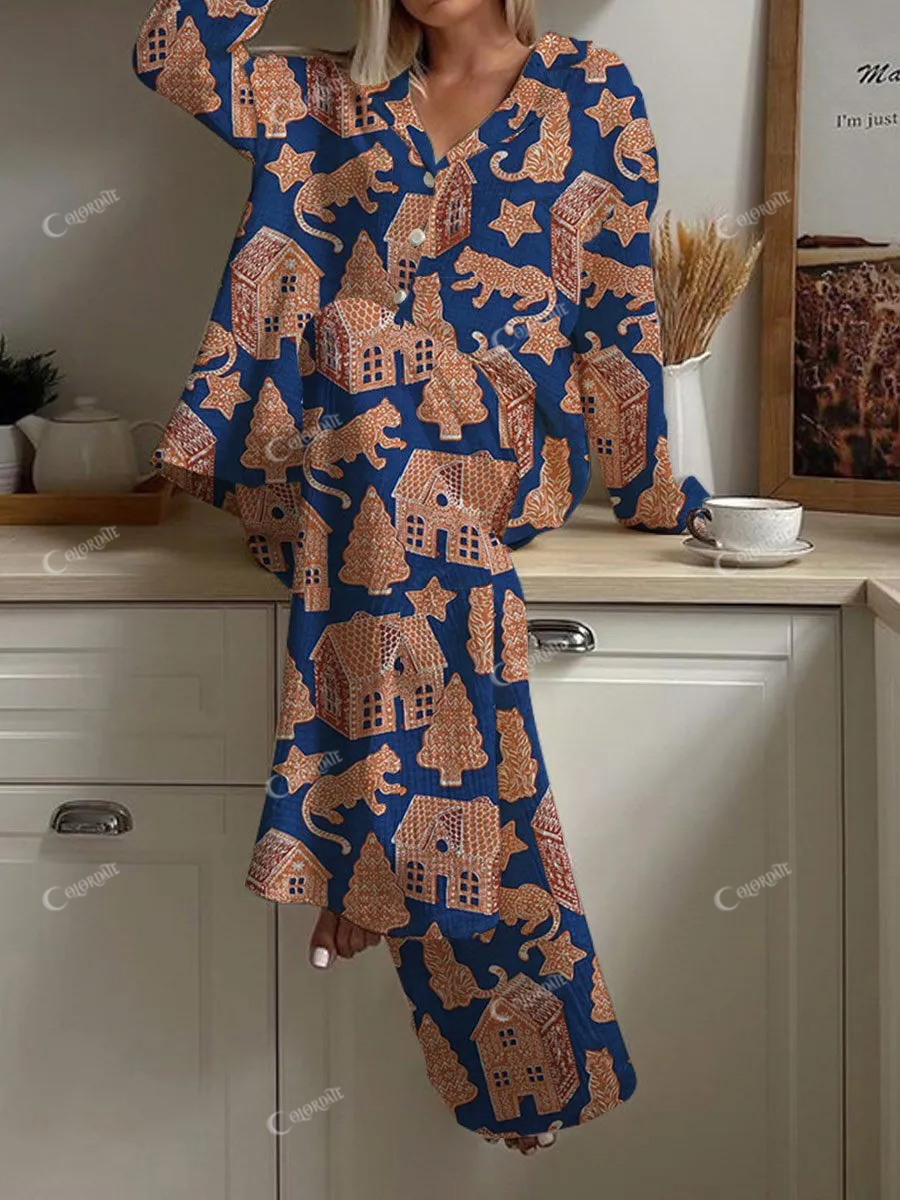 Women's Hand-Painted Art Leopard Gingerbread House Pattern Long Sleeve Pants Set