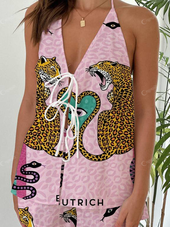 Tiger And Snake Print Halter Neck Tie-Up Top And Shorts Suit