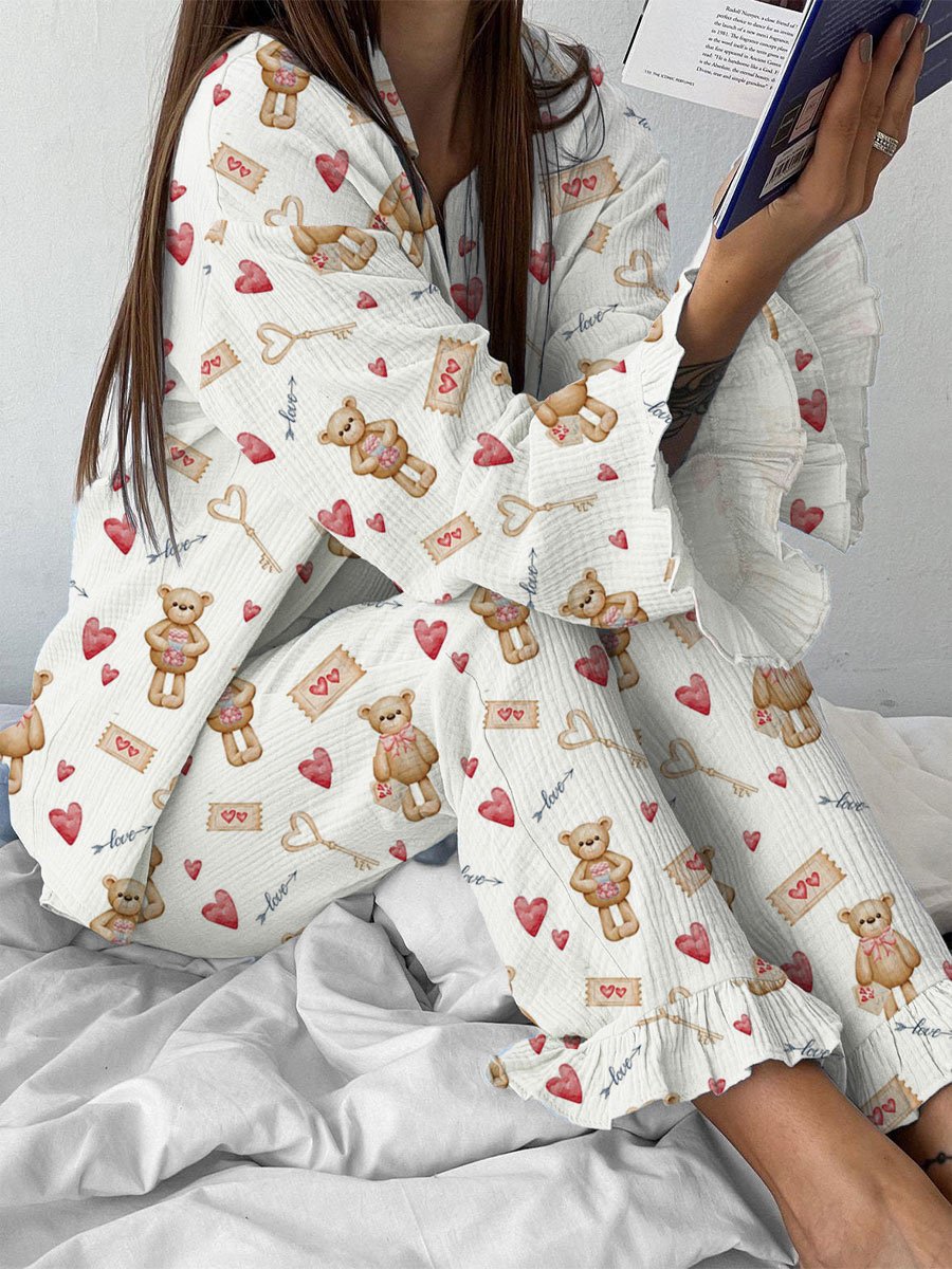 Women's Valentine's Day Bear Heart Pattern Ruffled Long Sleeve Pants Set