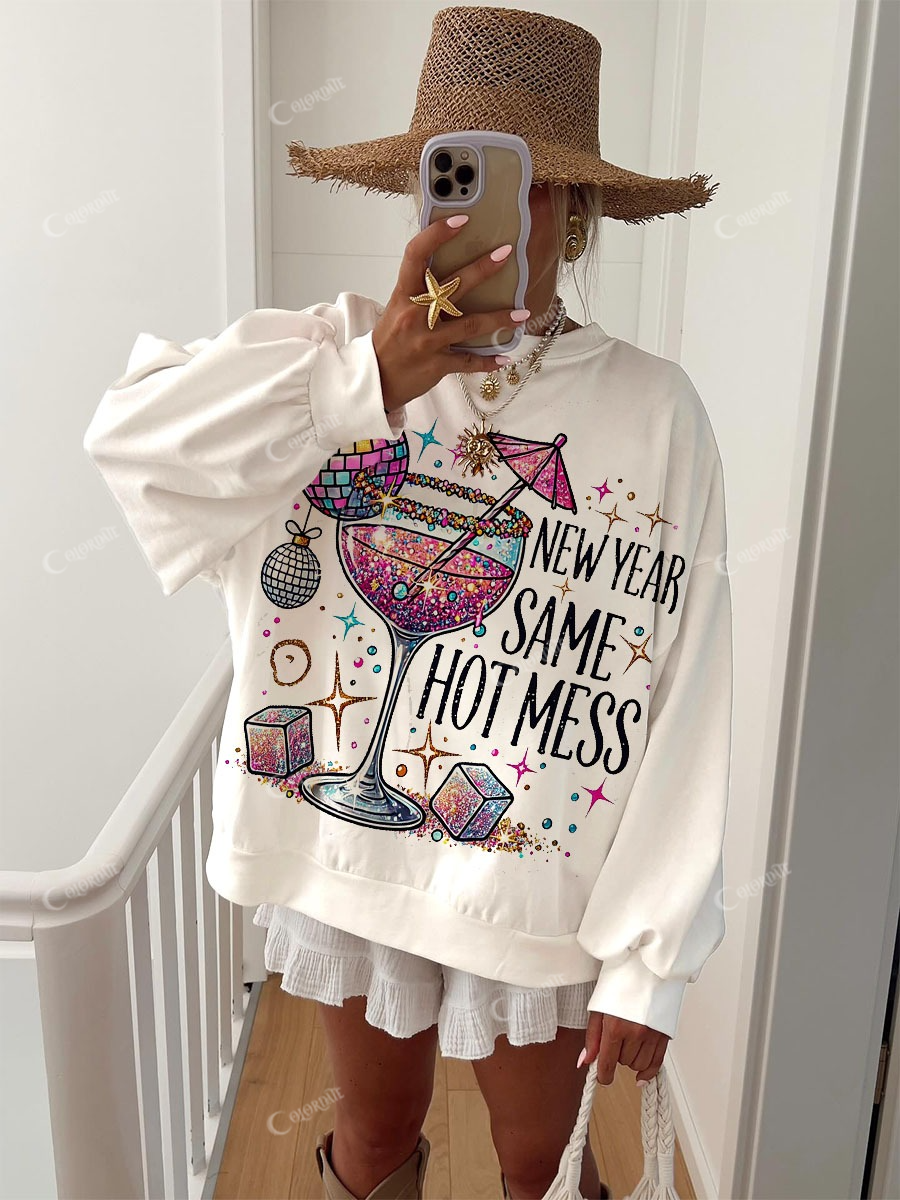 Women's Pink Glitter Hot New Year Wine Printed Crew Neck Sweatshirt