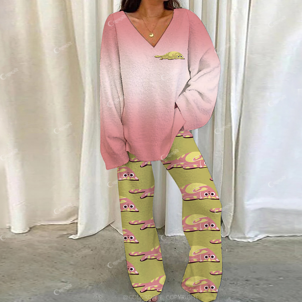 Colordate Casual Kitten On The Ground Loungewear Set For Women