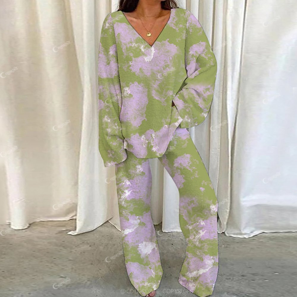 Colordate Casual Purple Clouds Printed Loungewear Set For Women