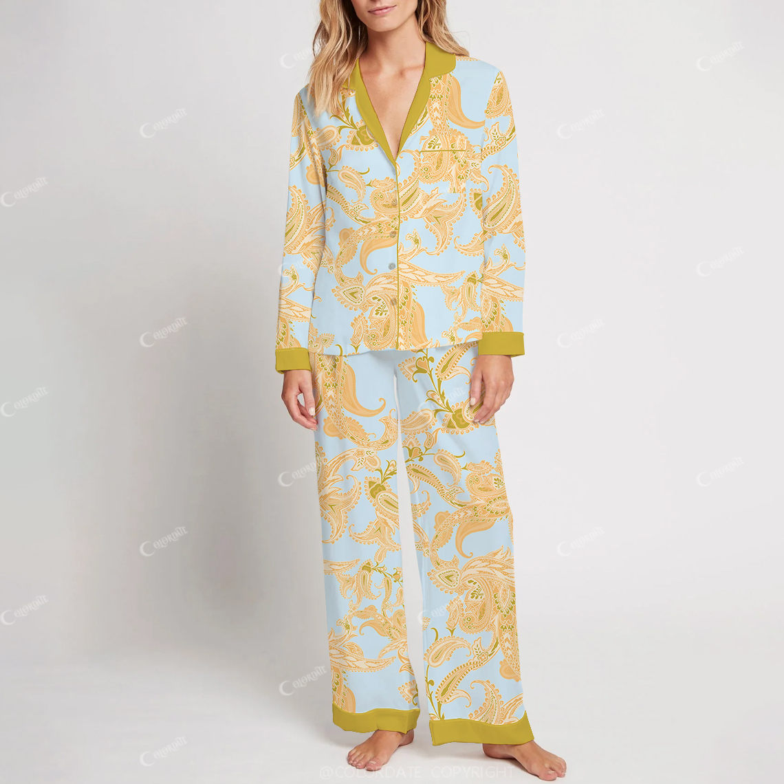 Colordate Women's Bohemia Print Cotton Long Sleeve Pajama Set