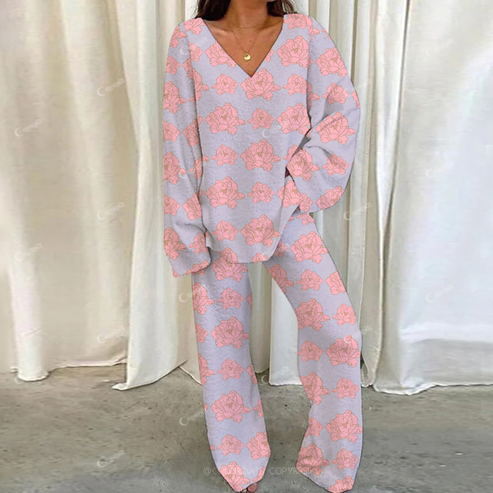 Colordate Casual Peony Flowers Printed Loungewear Set For Women
