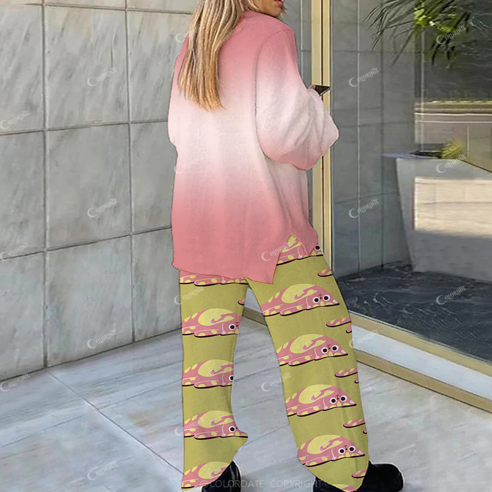 Colordate Casual Kitten On The Ground Loungewear Set For Women