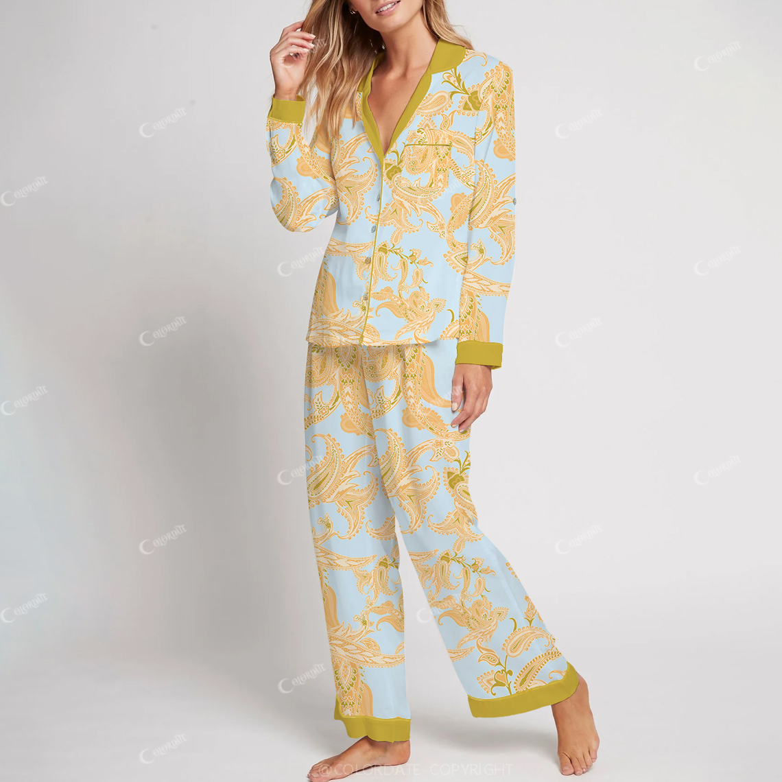 Colordate Women's Bohemia Print Cotton Long Sleeve Pajama Set