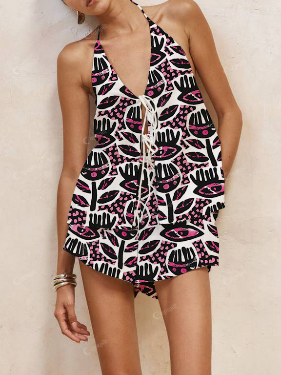 Abstract Eye Print Halter Neck Tie-Up Top And Shorts Suit