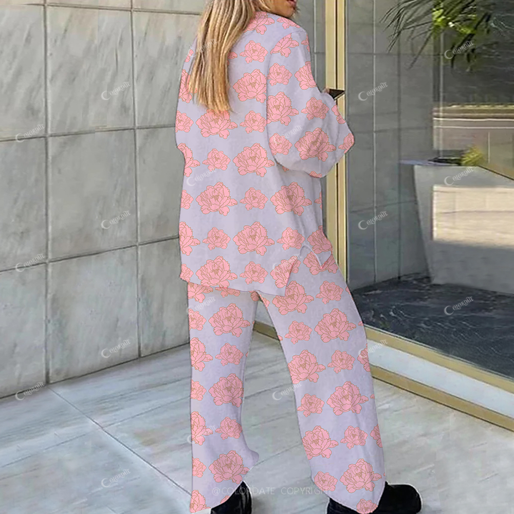 Colordate Casual Peony Flowers Printed Loungewear Set For Women
