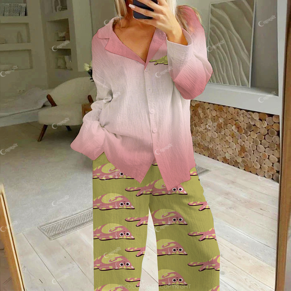 Colordate Women's Kitten On The Ground Print Cotton Cardigan Homewear Set