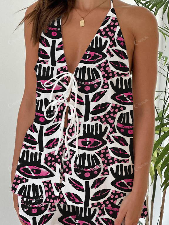 Abstract Eye Print Halter Neck Tie-Up Top And Shorts Suit