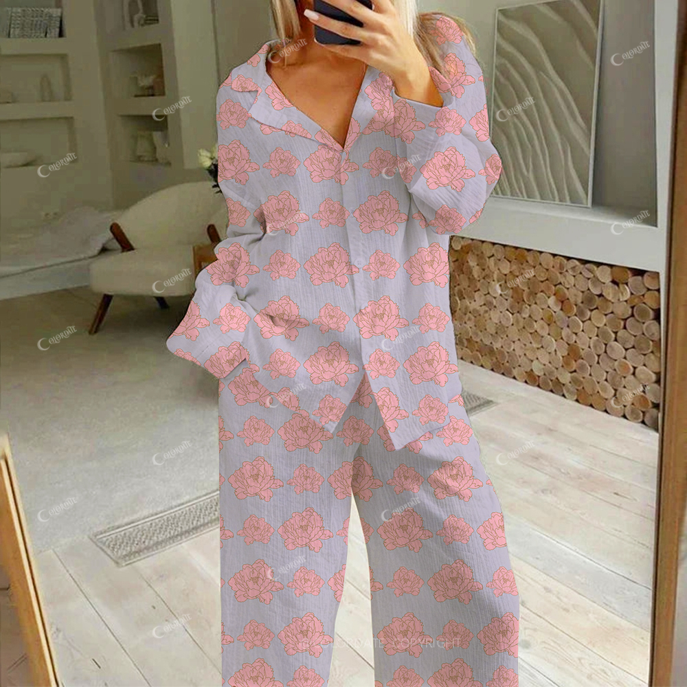 Colordate Women's Peony Flowers Print Cotton Cardigan Homewear Set