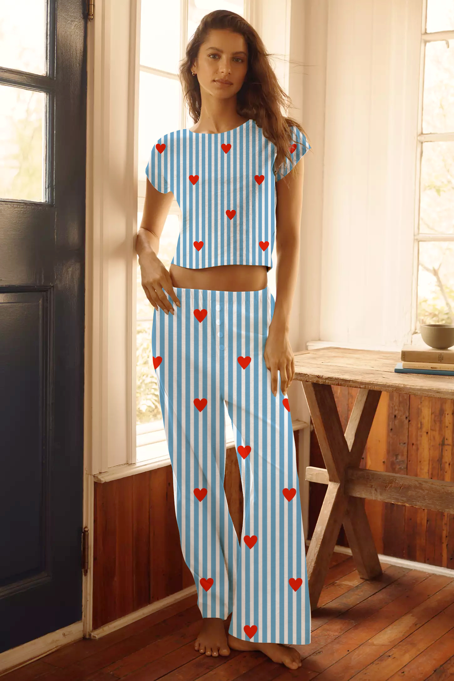 Striped Heart Printed Tee Long Pants Loungewear Set