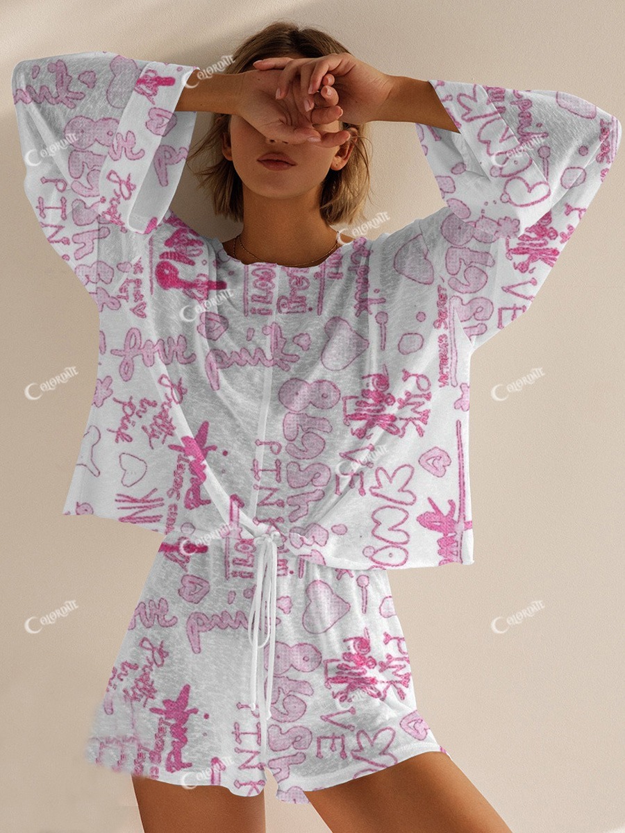 Women's Valentine's Day Text Printed Casual Homewear Shorts Set