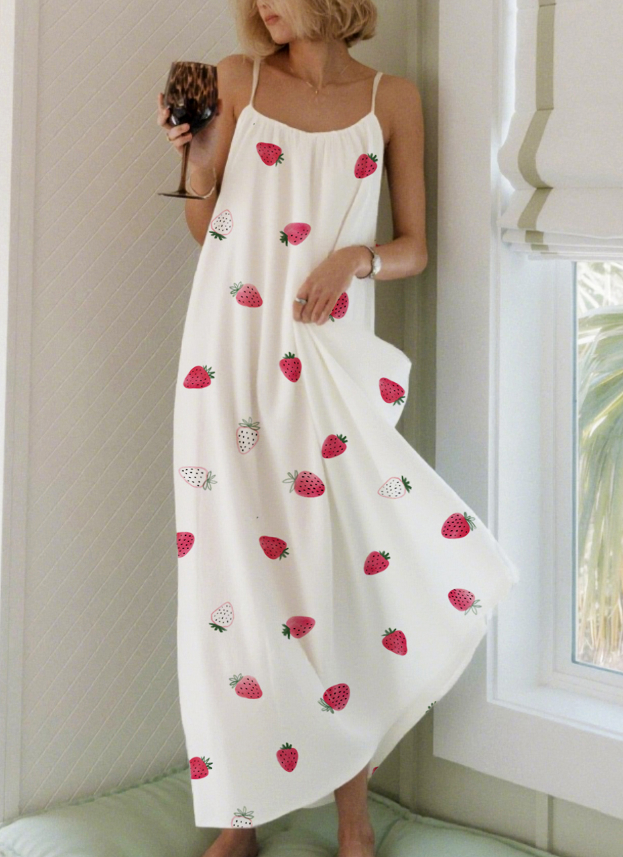 Two Color Strawberry Printed Long Neckline Pleated Nightgown