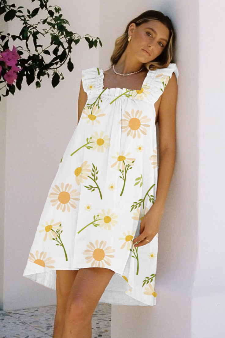 Women's Orange Daisy Printed Ruffle Mid-Length Nightgown