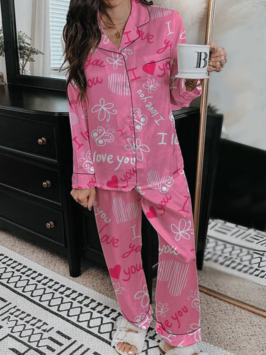 Women's Valentine's Day Heart Graffiti Pattern Long Sleeve Pants Set