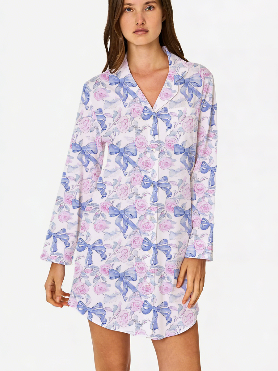 Blue Bow Romantic Floral Sleep Shirtdress