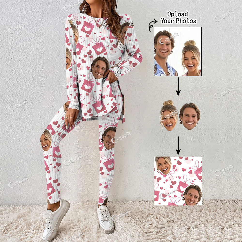 Addcustom Your Photos Women's Pink Heart Print Long Sleeve Suit