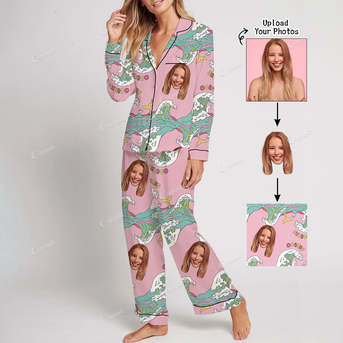 Addcustom Your Photos Women's Wave Print Home Long Sleeve Suit