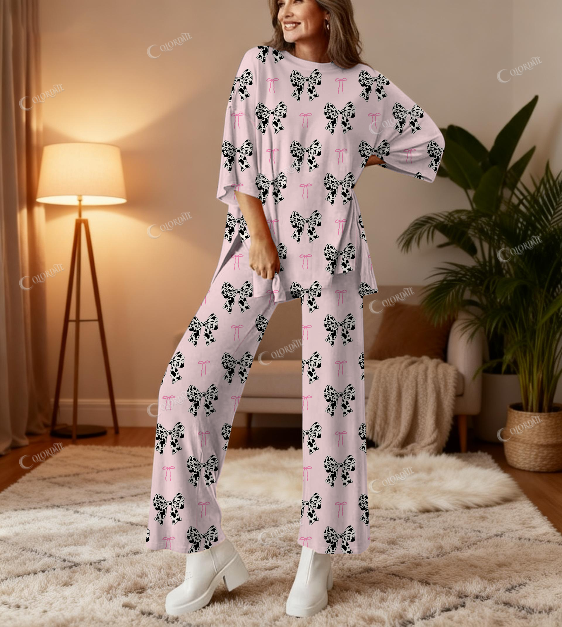Leopard Print Bow Bamboo-Soft Lounge Set Pants