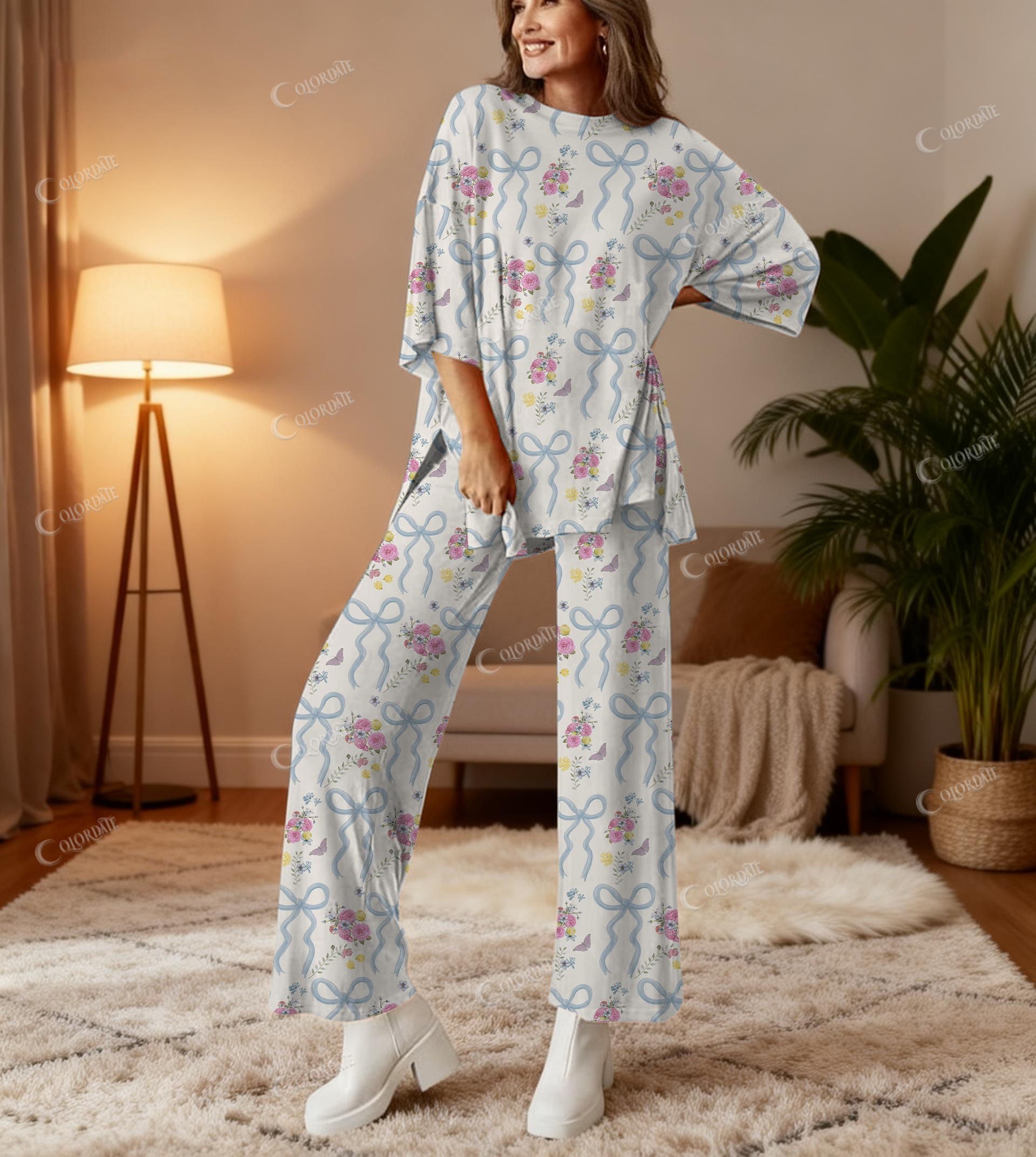 Flower And Bow Print Bamboo-Soft Lounge Set Pants