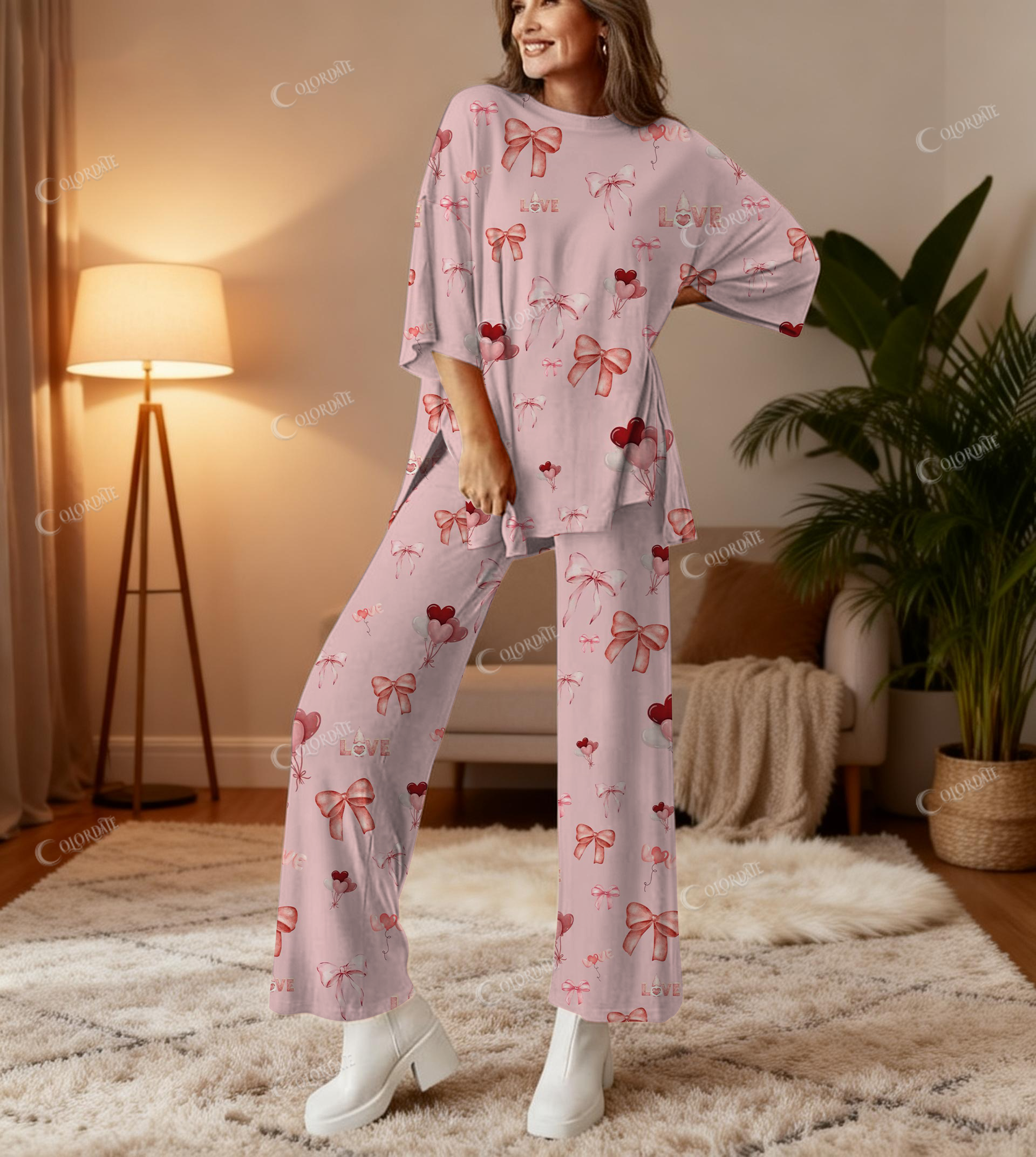 Watercolor Bow Print Bamboo-Soft Lounge Set Pants