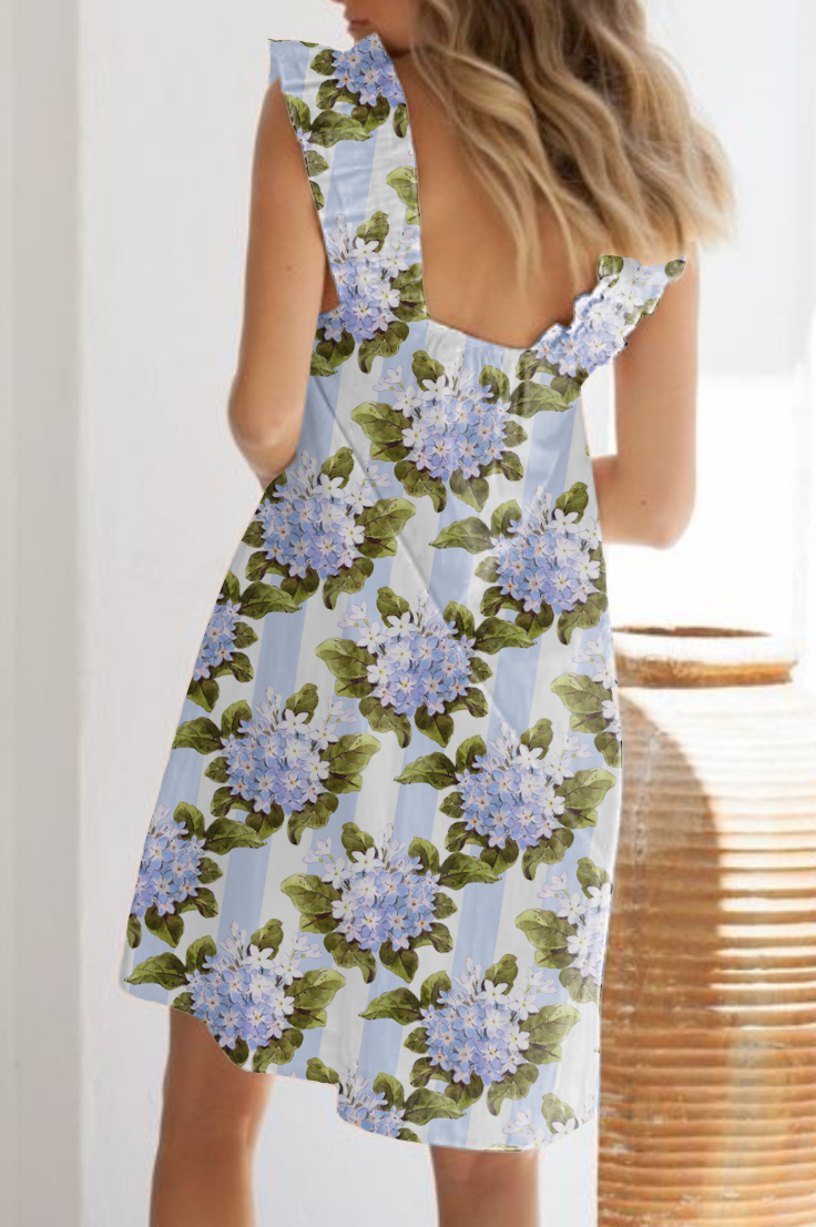 Women's Blue And White Striped Flower Printed Ruffle Mid-Length Nightgown