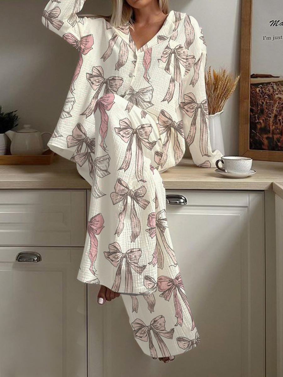 Women's Bow Printed Casual Homewear Set