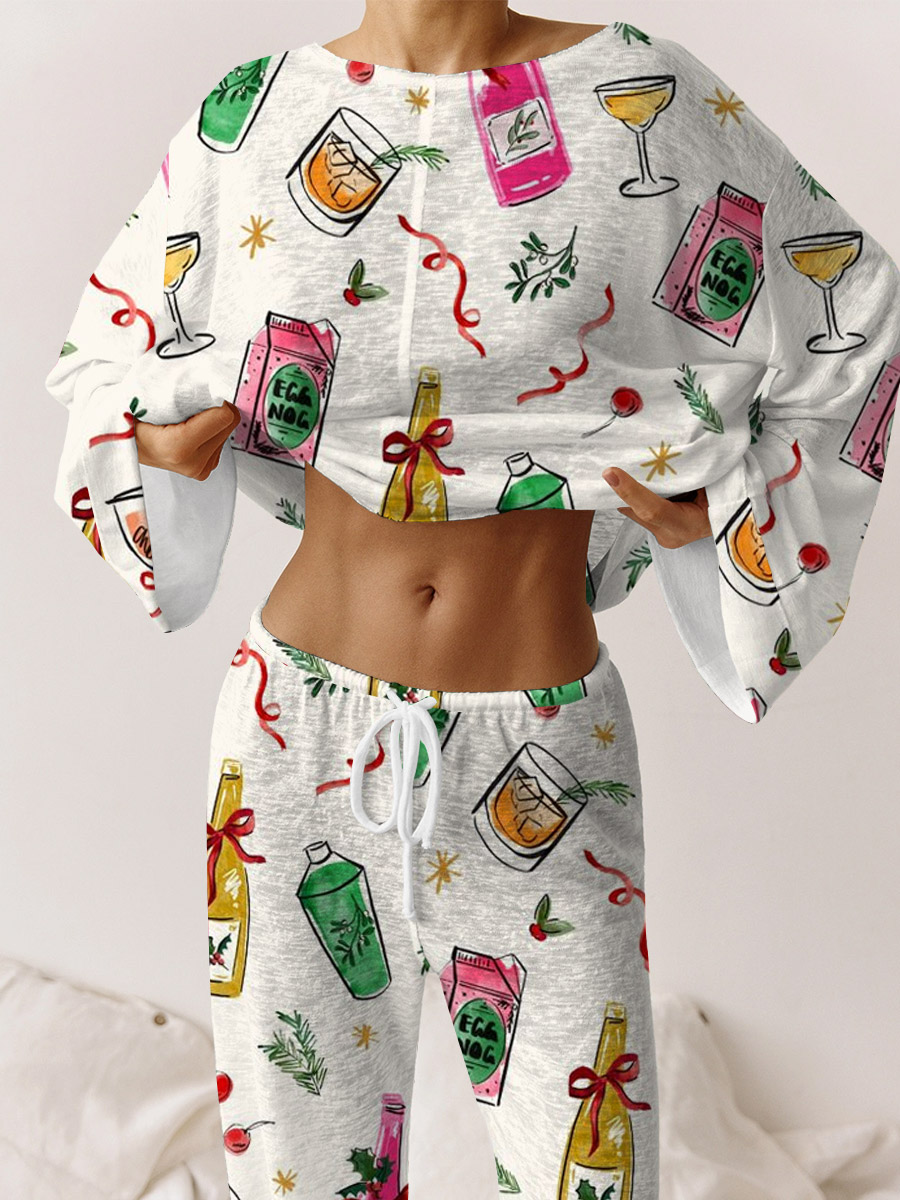 Women's Christmas Champagne Print Casual Homewear Suit