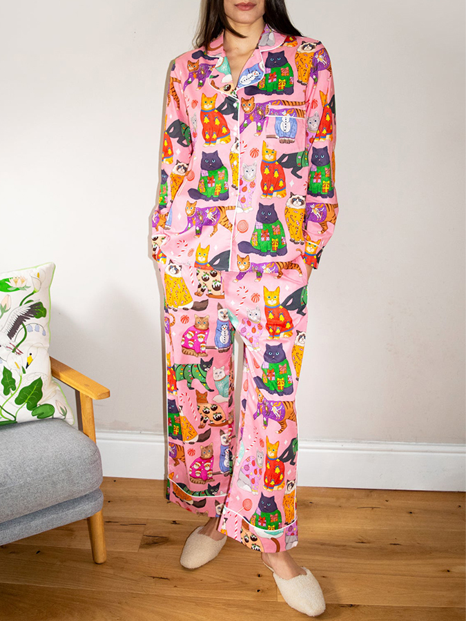 Women's Lapel Cute Cat Print Long Sleeve Pajama Set
