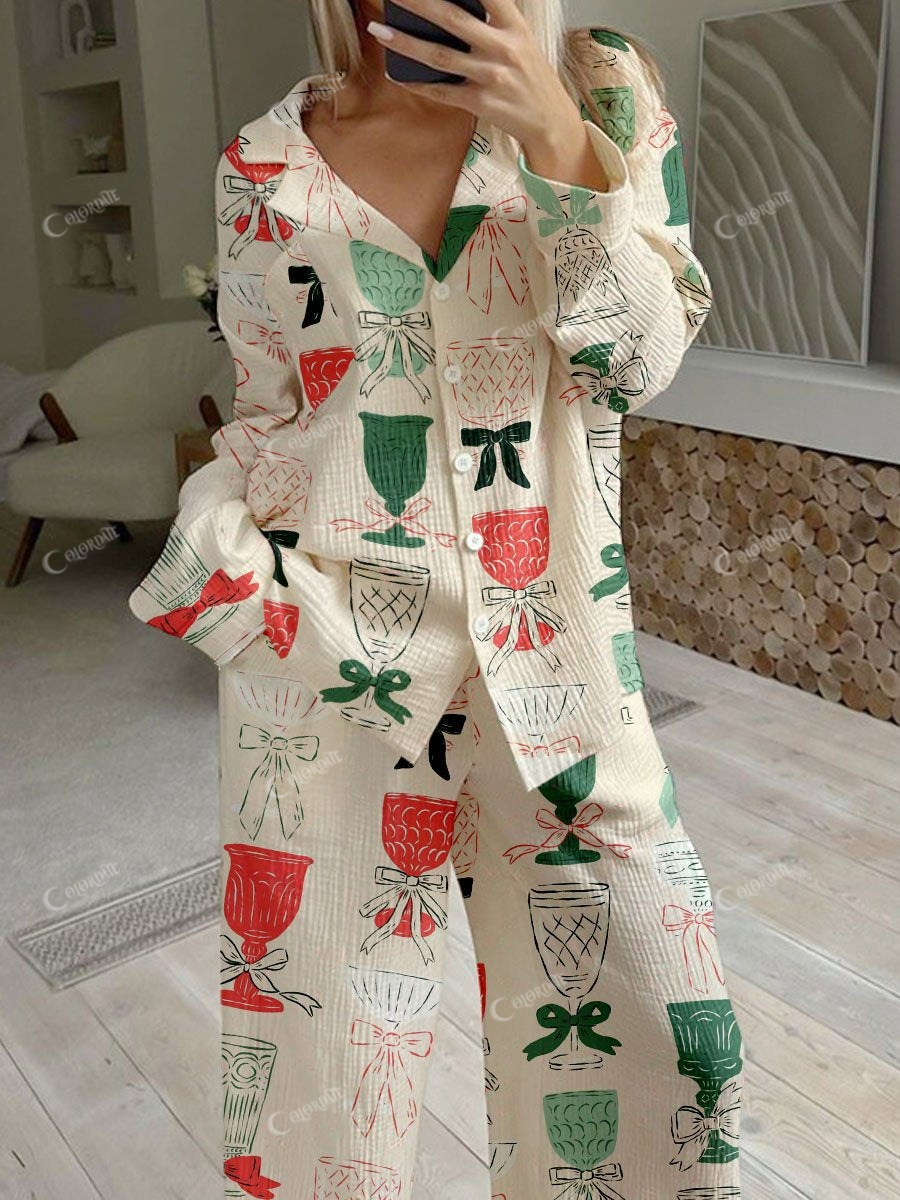 Women's Glass Bow Print Cotton Cardigan Homewear Set
