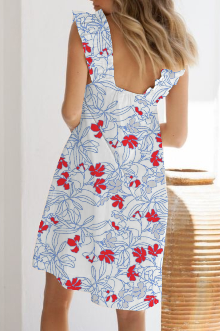 Women's Blue Line Flower Printed Ruffle Mid-Length Nightgown