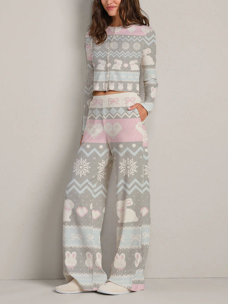 Colordate Women'sEaster Bunny Print Long Sleeve Suit