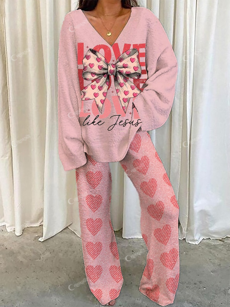 Women's Valentine's Day Love Ribbon Printed V-Neck Pajama Set