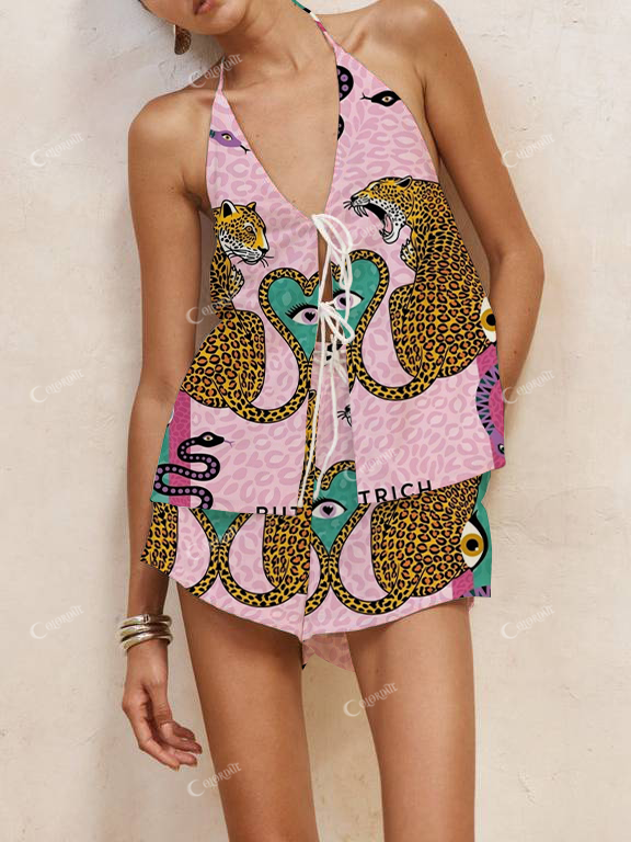 Tiger And Snake Print Halter Neck Tie-Up Top And Shorts Suit