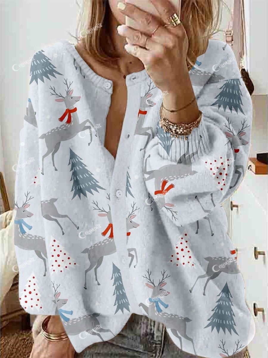 Women's Blue Christmas Deer Print Cardigan Sweater