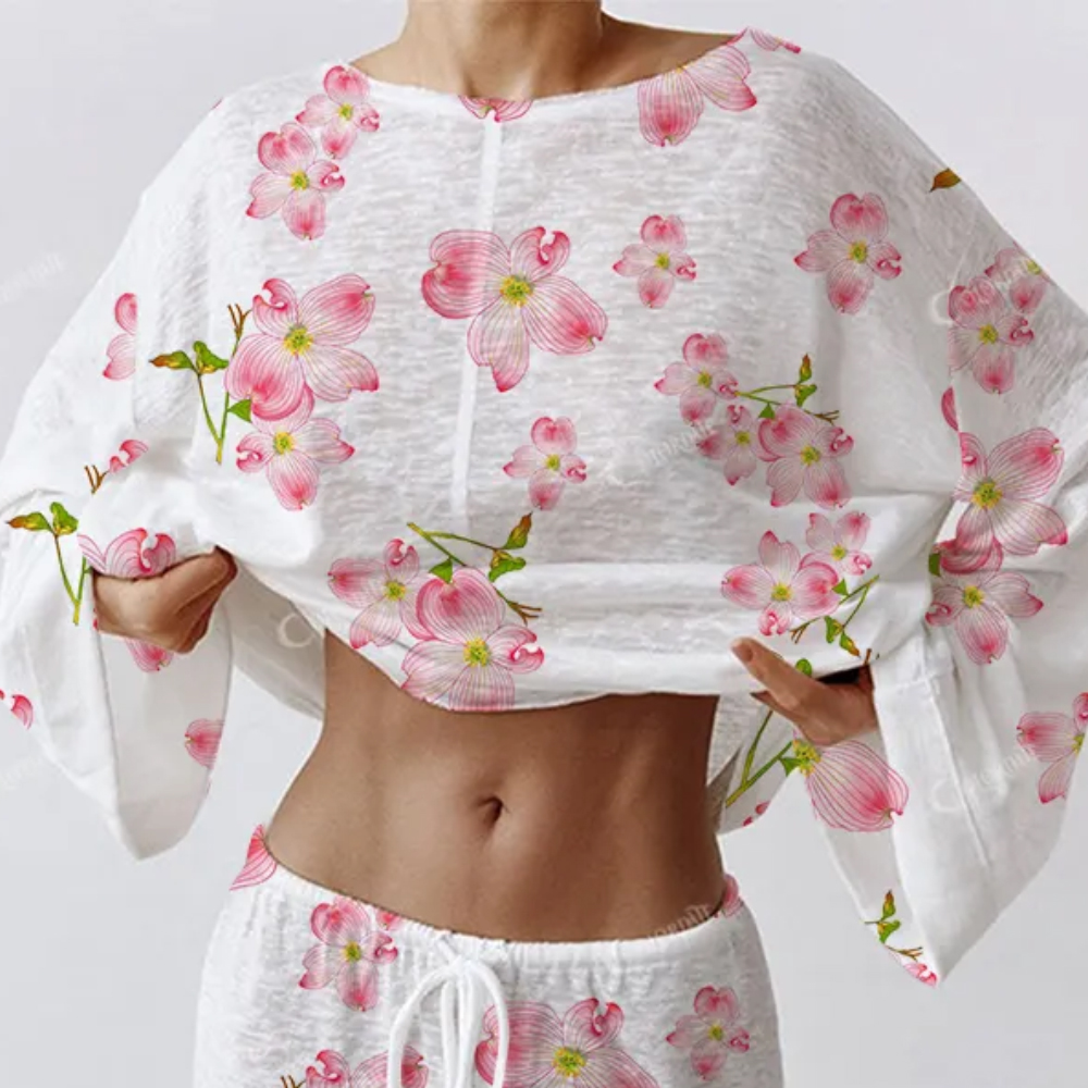 Colordate Women's Watercolor Flower Pink Floral Print Long Sleeve Cotton Homewear Set