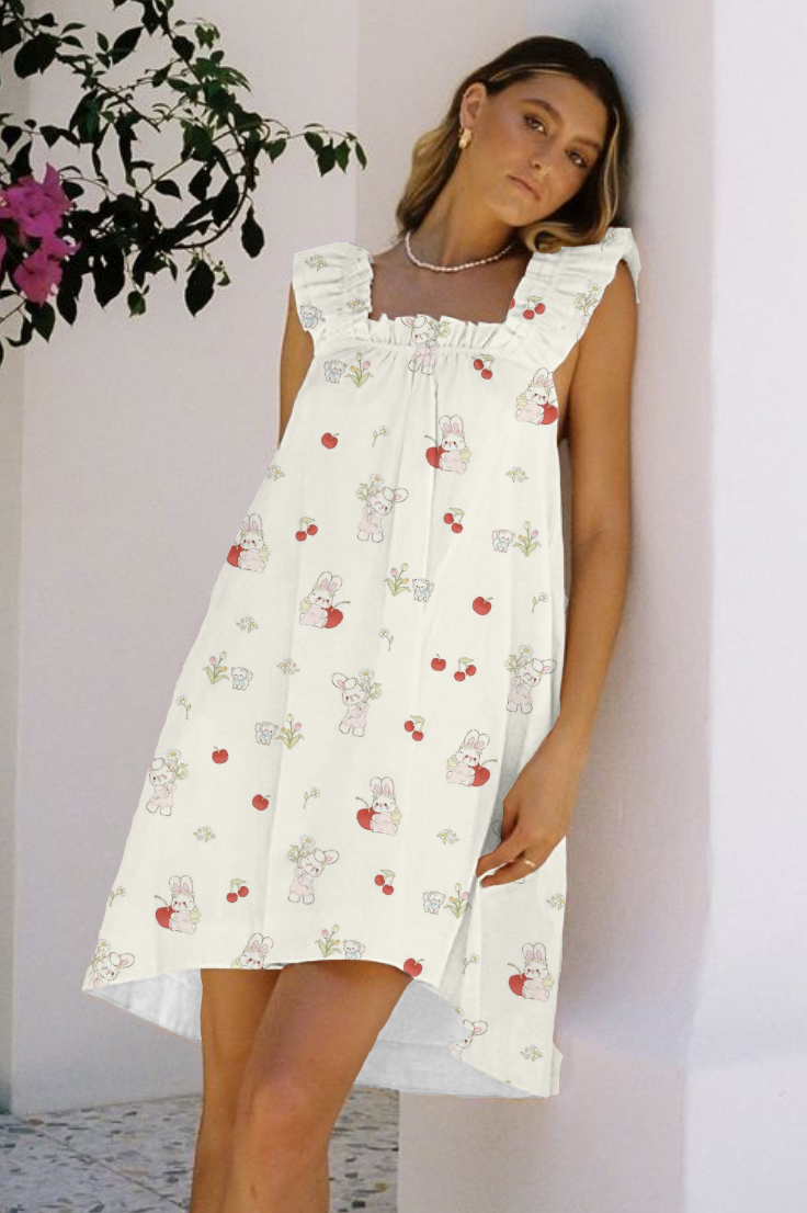 Women's Cherry Bunny Printed Ruffle Mid-Length Nightgown